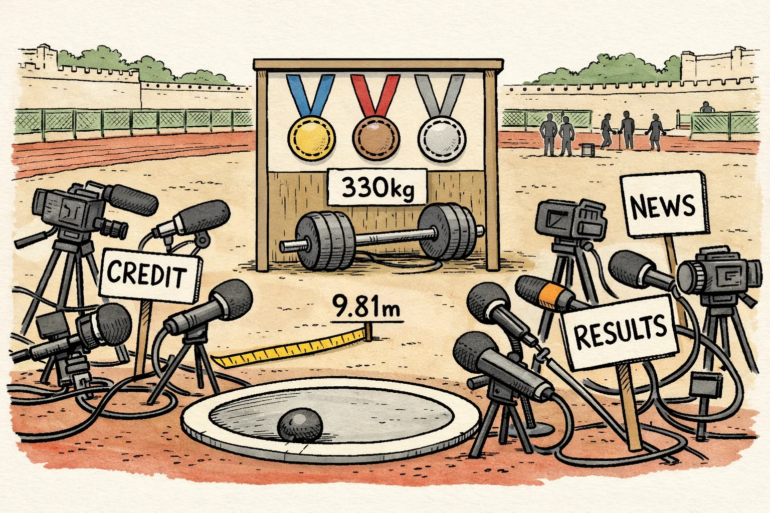 A Telangana sports-ground noticeboard displays gold, bronze and silver medals beside a shot-put circle and a weightlifting bar, while oversized television microphones and empty credit placards crowd the edge of the scene.