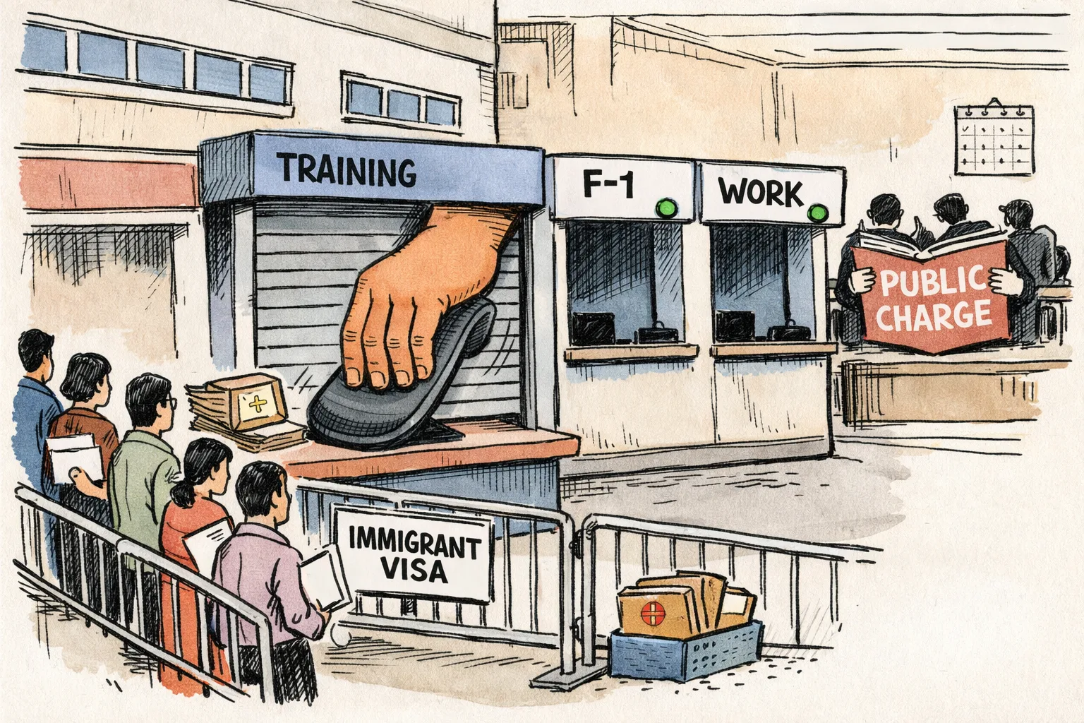 A long queue of immigrant-visa applicants waits outside a Hyderabad consulate-style office while a shutter marked immigrant visa is closed by a giant training hand; nearby F-1 and work lanes remain open, and officers study a public-charge rulebook.