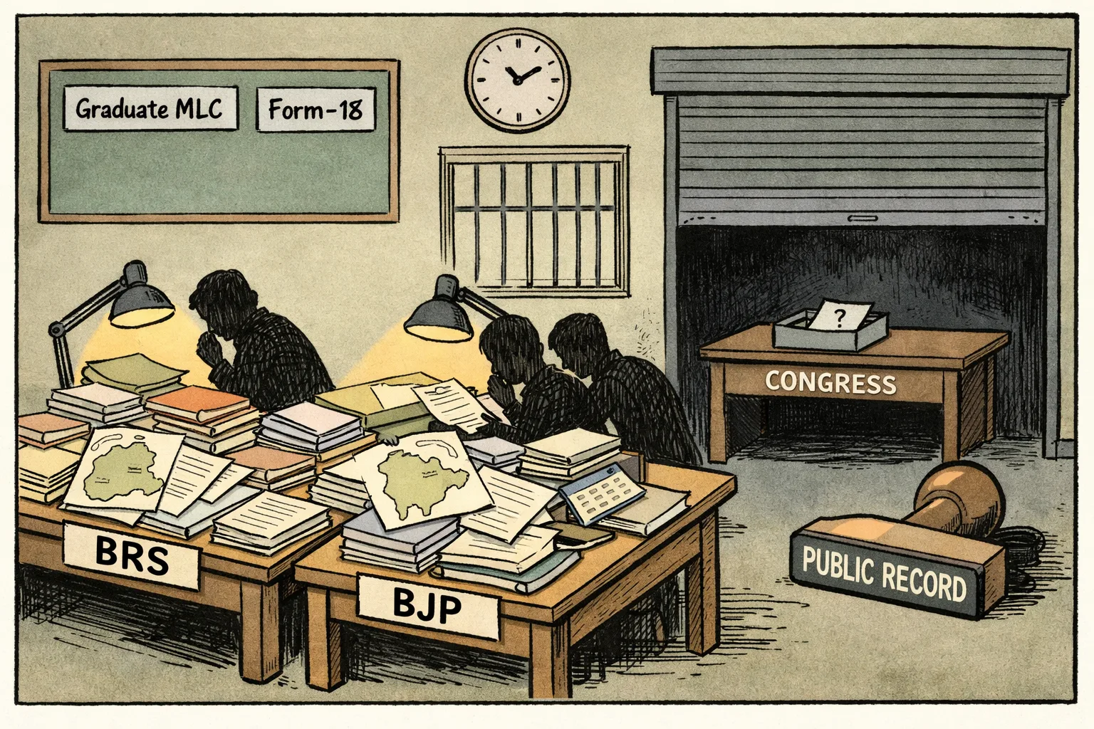 An editorial cartoon shows two brightly lit tables labelled BRS and BJP covered with election-preparation papers, while a Congress desk sits behind a half-closed shutter with an empty inbox and a question-mark sheet.