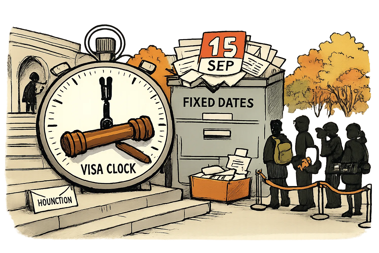 A courthouse gavel holds a large visa stopwatch at zero beside a cabinet of fixed-date calendars, while a small queue of students and workers waits nearby.