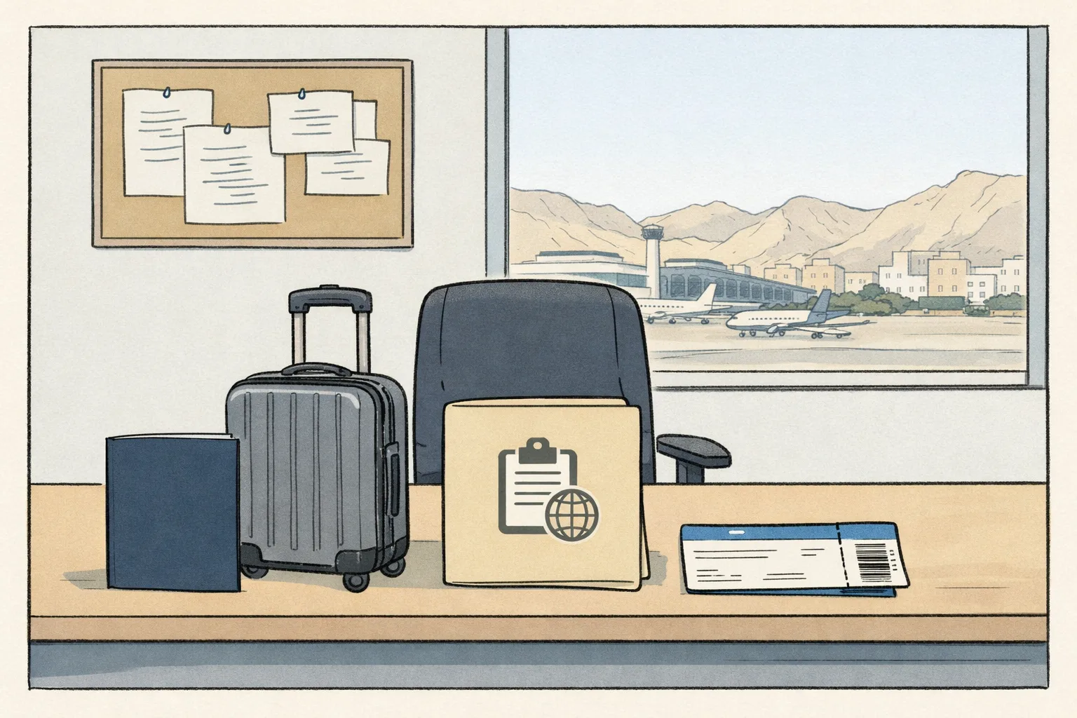 A quiet editorial illustration of an Indian Embassy help desk in Muscat, with a passport, a return-ticket folder and a small suitcase on the counter, while a distant airport departure board and the Muscat skyline appear through a window.