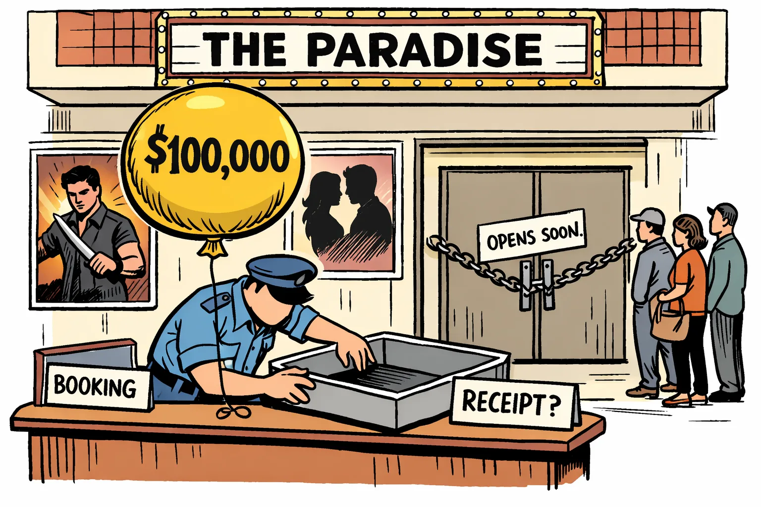 A dollar-shaped balloon marked $100,000 floats over an unopened cinema entrance while a faceless clerk searches an empty receipt tray and filmgoers wait nearby.