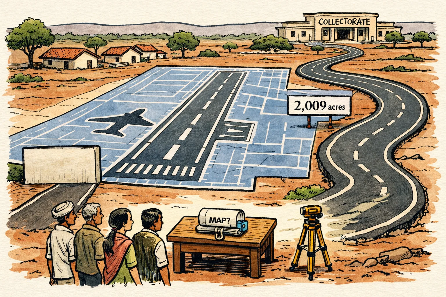 A giant airport runway plan spreads across an Adilabad village, while a small sealed map file sits on a Collectorate desk and villagers wait beside a signpost pointing toward a long detour.
