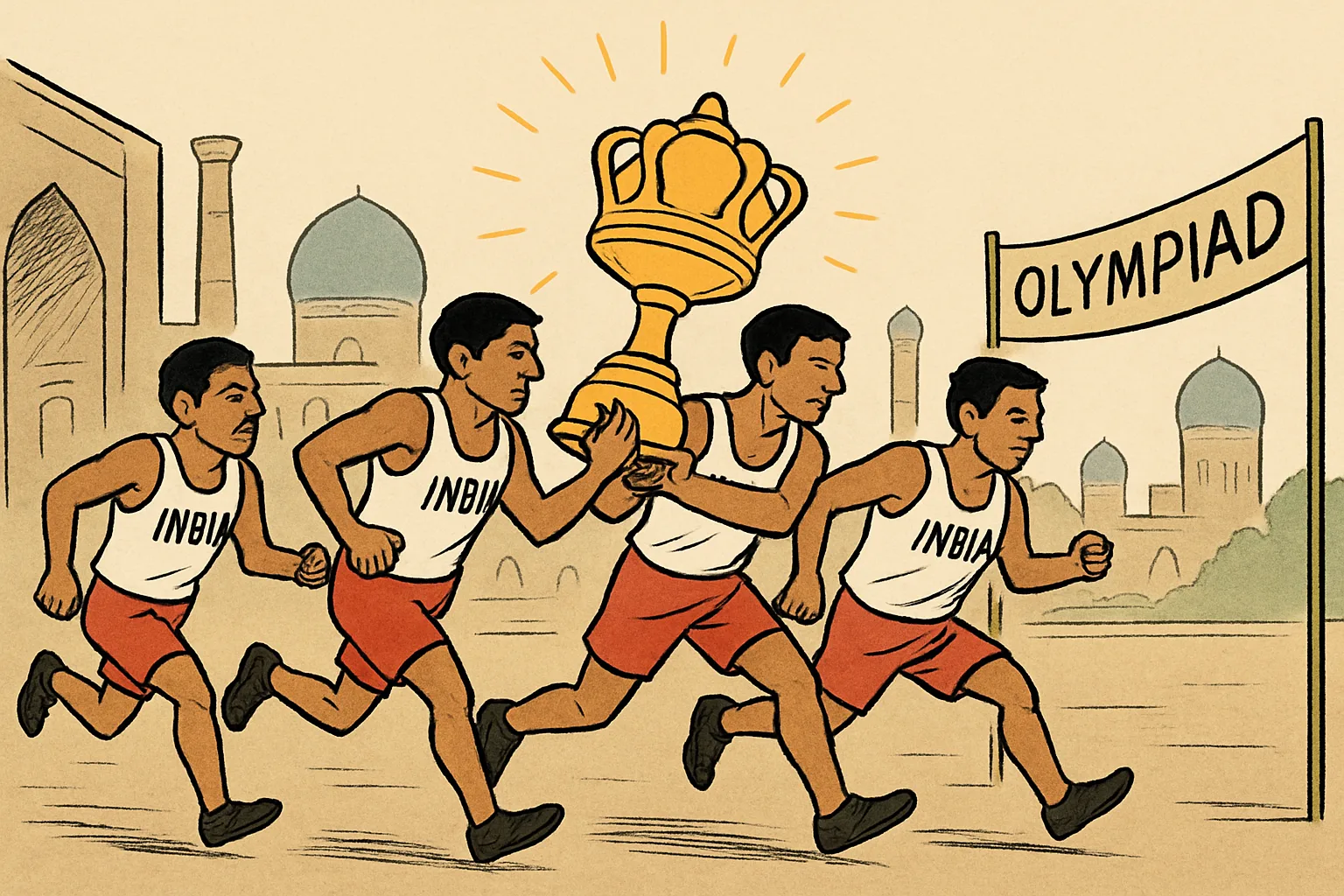 An editorial cartoon of five chess players in a relay race, passing a glowing trophy-shaped baton against a backdrop of Central Asian architecture, their expressions focused and determined as they sprint toward a finish line marked by an Olympiad banner.