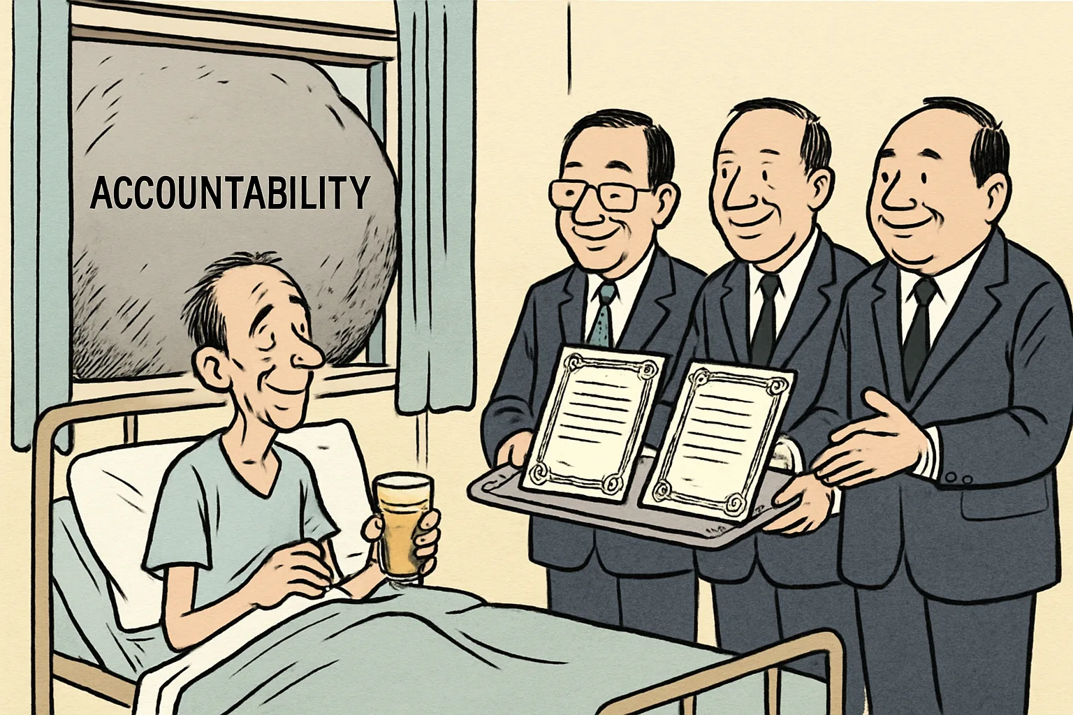 A thin man in a hospital bed holds food while officials present him with three certificates on a platter. Behind them, a massive boulder labelled 'accountability' blocks the window view.