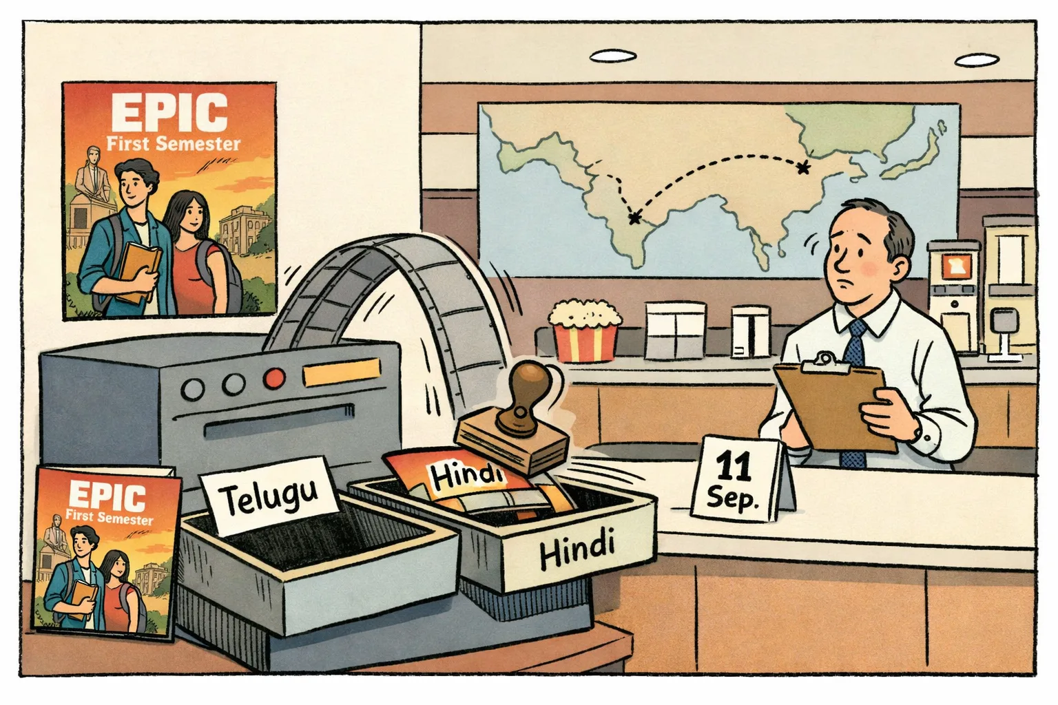 A cartoon cinema counter shows an EPIC – First Semester poster being diverted from a Telugu tray into a Hindi tray by a ticket machine, beside an incomplete overseas-release clipboard and an 11 September calendar card.