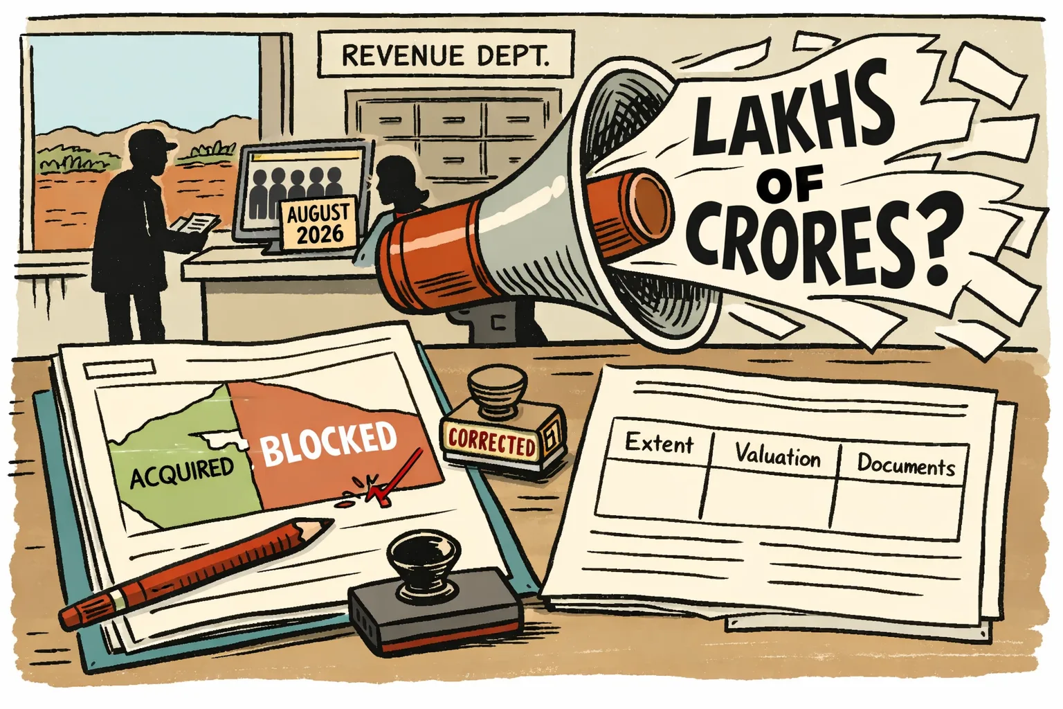 A Telangana government records office cartoon shows a survey map with a small acquired section and a wrongly blocked larger section beside an oversized megaphone saying “LAKHS OF CRORES?”, above blank calculation boxes.