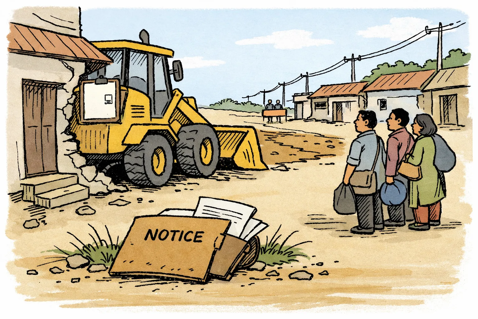 A bulldozer waits beside a partly scraped Telangana roadside while an unopened file labelled “NOTICE” lies in the dust near homes and shops.