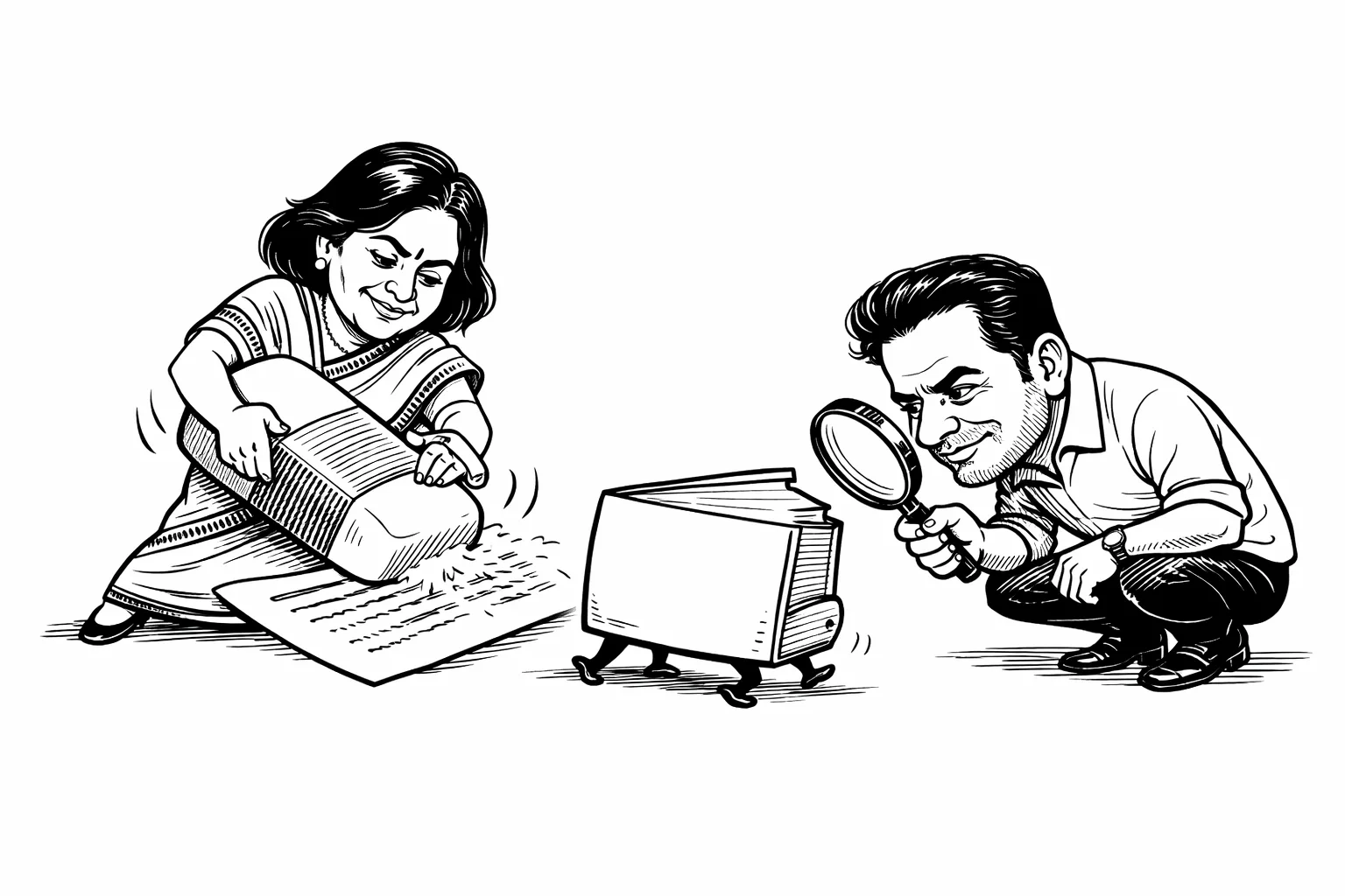 A woman legislator erases remarks from a sheet while an opposition leader examines a slow-moving legal file with a magnifying glass.