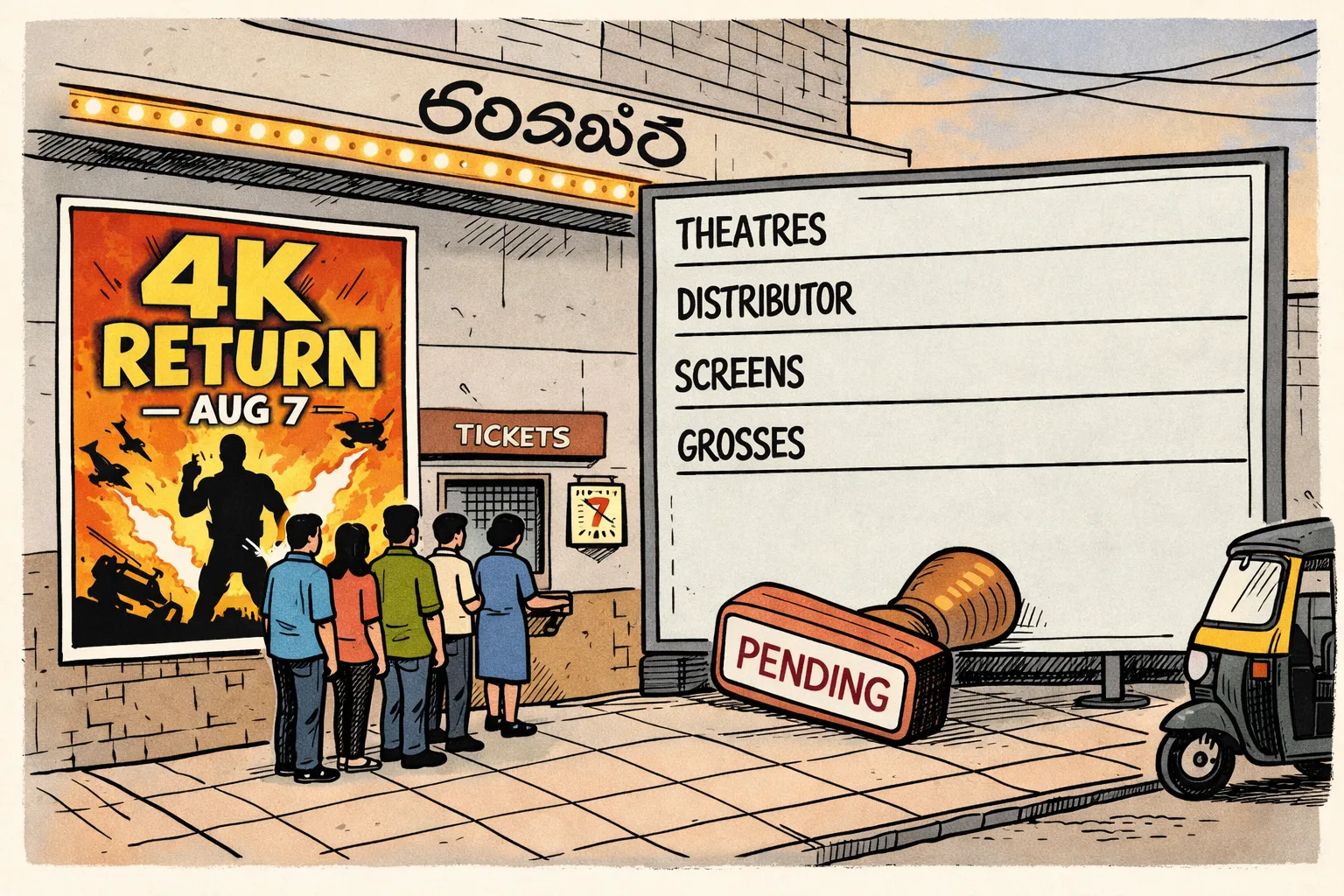 A cinema ticket counter in Hyderabad displays a large Dookudu 4K return poster, while a locked glass noticeboard beside it contains blank fields for theatres, distributor, screen count and grosses; a small queue waits under a sign reading “August 7”.