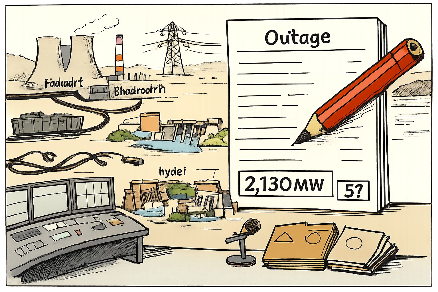 A red pencil checks an outage sheet showing 2,130 MW while six miniature Telangana thermal and hydel facilities crowd around mismatched count boxes.