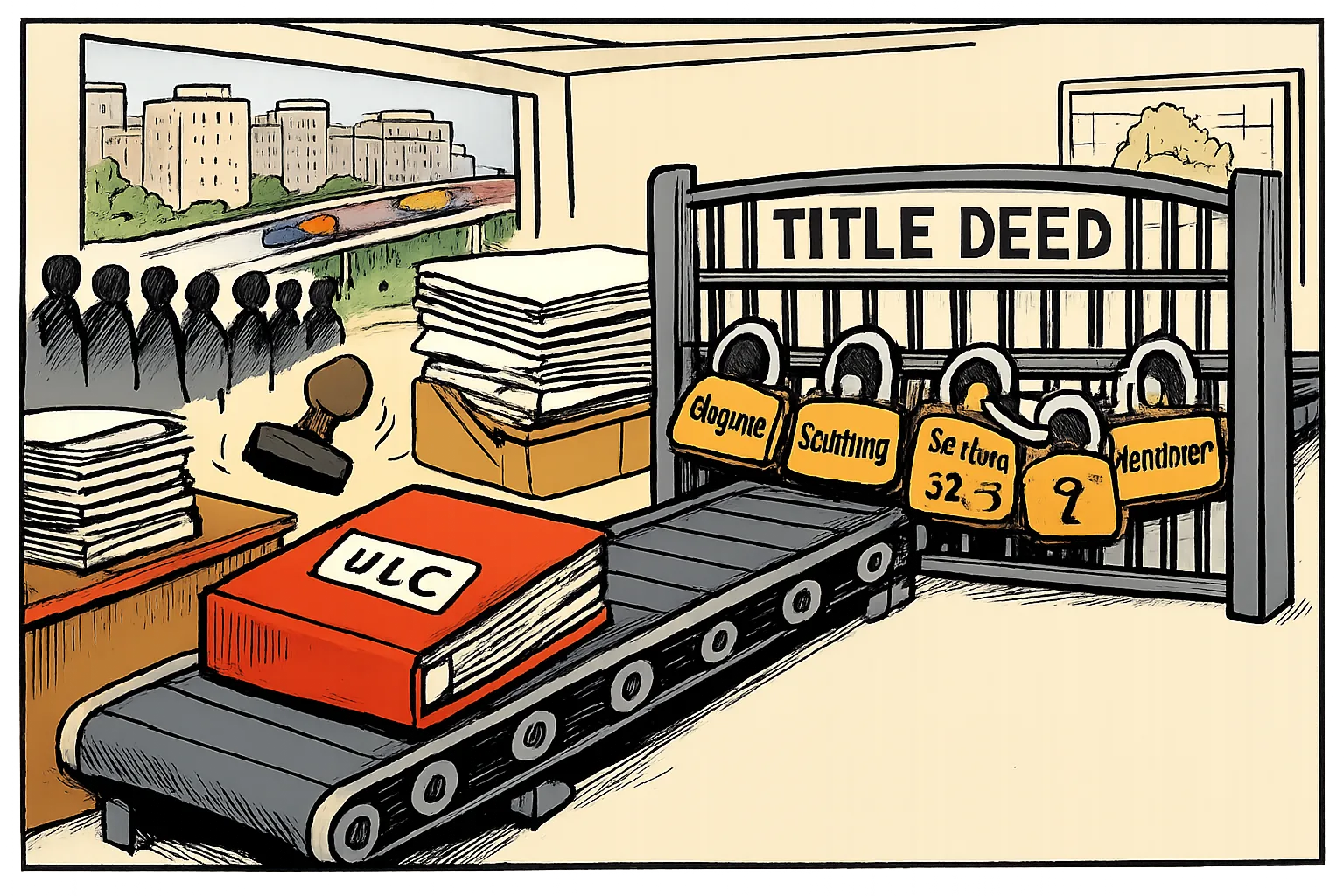 A government ULC file moves on a conveyor belt toward a locked gate marked Title Deed, with eligibility and scrutiny padlocks, while property documents wait behind it.