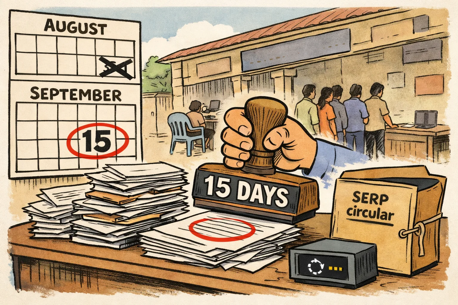 A Telangana government-office desk displays a calendar extended from August 31 to September 15, a large 15-day stamp over pension forms, and an empty file marked SERP circular beside a patient queue.