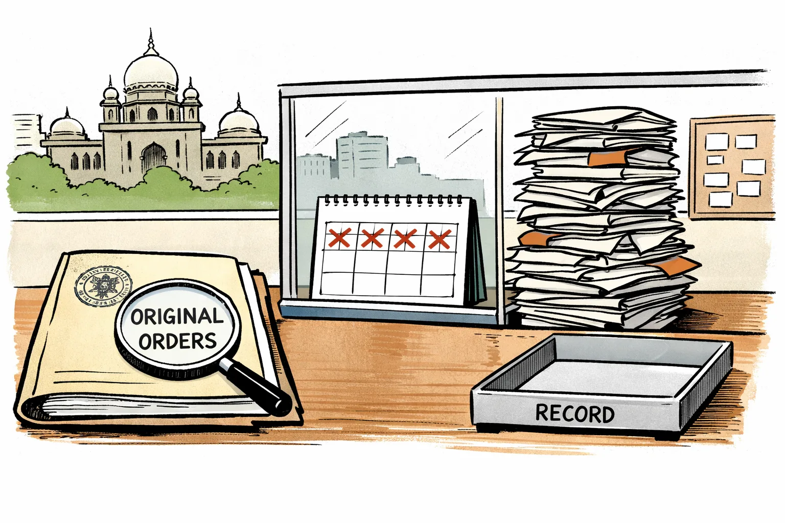A Telangana High Court file marked with a court seal sits on one side of a long table, while a stack of original dismissal orders is held just out of reach behind a three-week calendar. In the background are simplified outlines of the Telangana Legislative Assembly and Hyderabad streets.