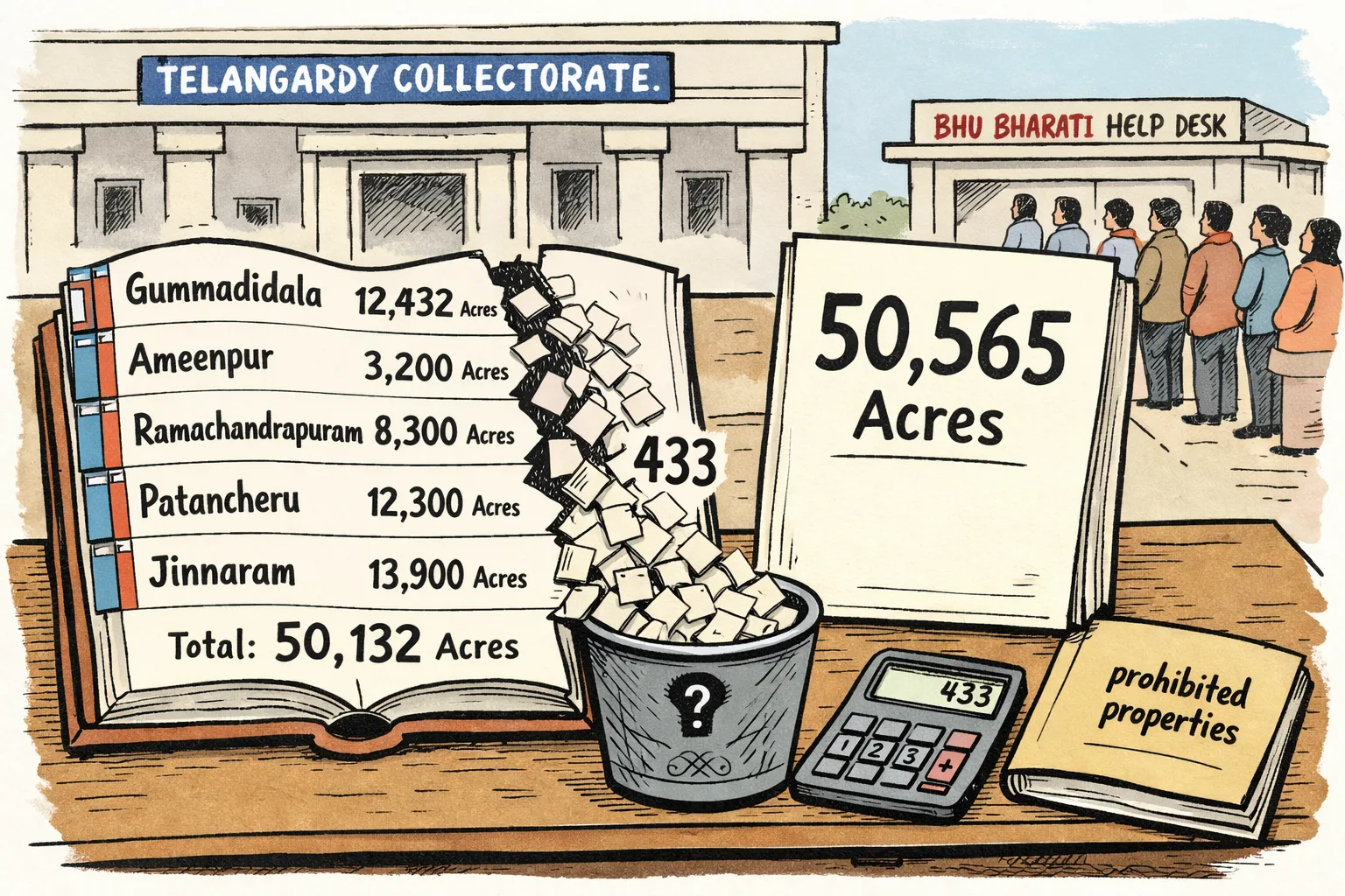 An open land-record ledger outside a Sangareddy-style government office shows five mandal figures totalling 50,132 acres beside a larger 50,565-acre claim, while 433 small map parcels fall through a gap into a wastebasket.