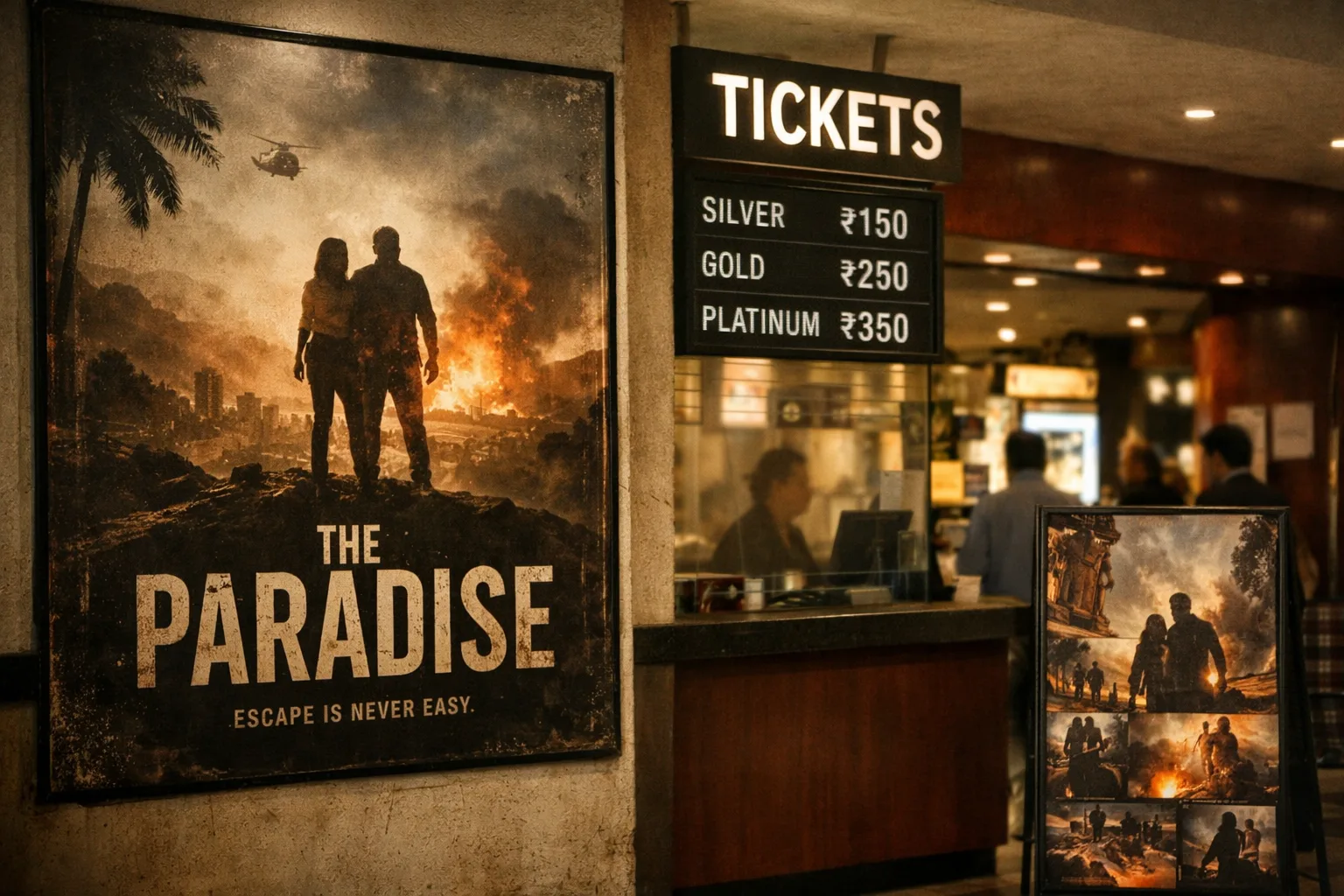 A cinema lobby displays a large poster for The Paradise beside a ticket counter and theatre entrance.
