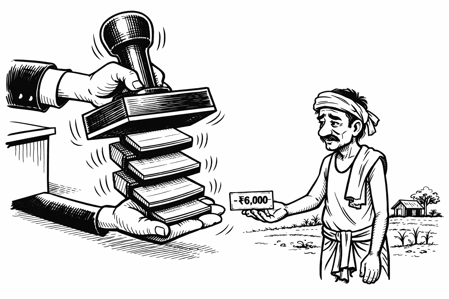 A giant government rubber stamp repeatedly marks the same ₹6,000 cheque into a farmer’s waiting hand beside a sparse Telangana field.