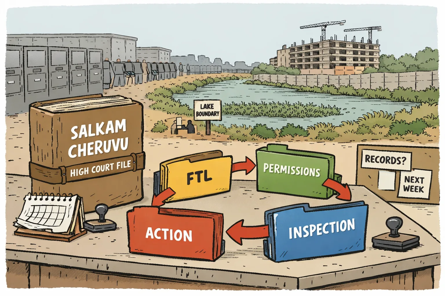 A Telangana High Court file marked ‘Salkam Cheruvu’ sits on a desk beside a dry, leaking stack of government folders, while a lake boundary sign and half-built structure appear in the background.