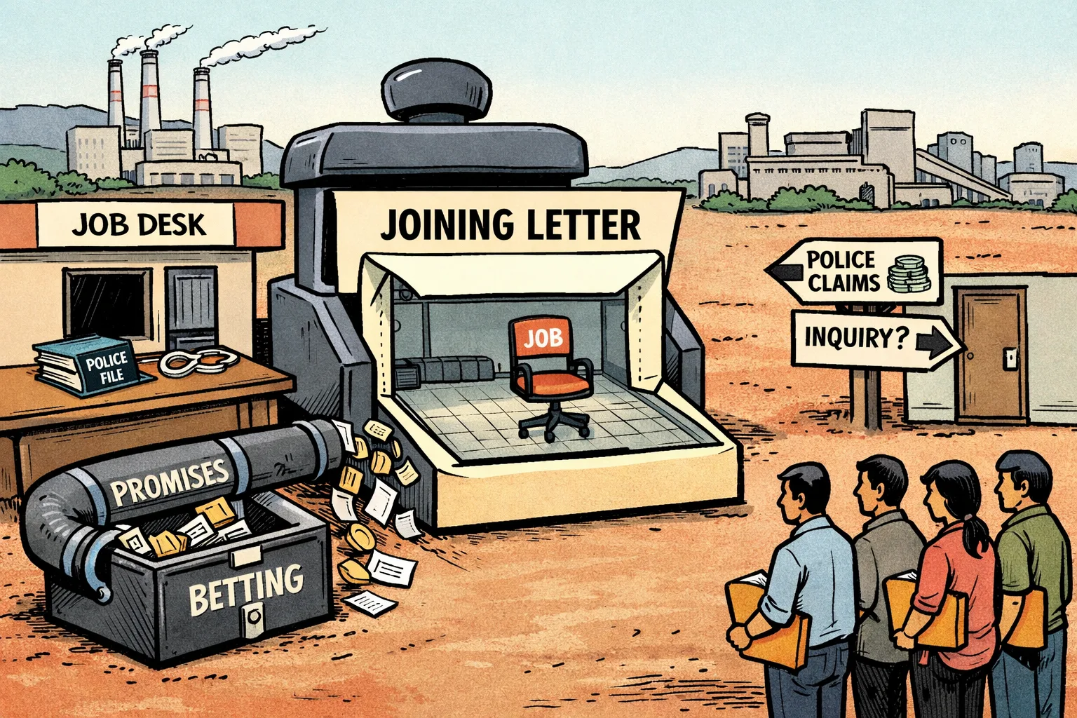 An empty factory job marked by a joining letter sits behind a leaking promise pipe, while applicants wait beside a police file and a betting box.