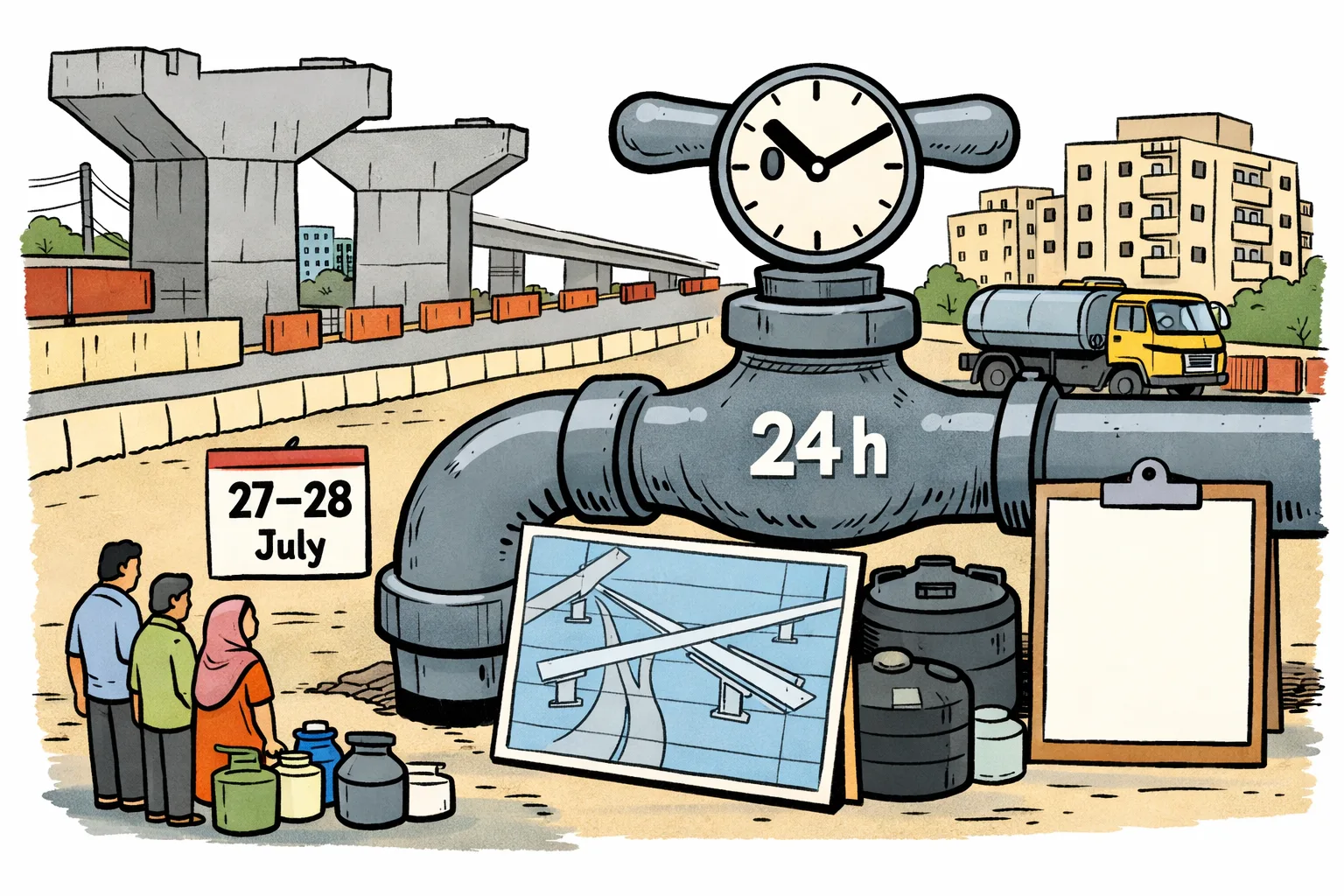 A giant red water tap marked with a 24-hour clock stands beside an Uppal flyover construction zone, while residents wait with empty pots and tankers queue in the background; a small calendar shows July 27–28.