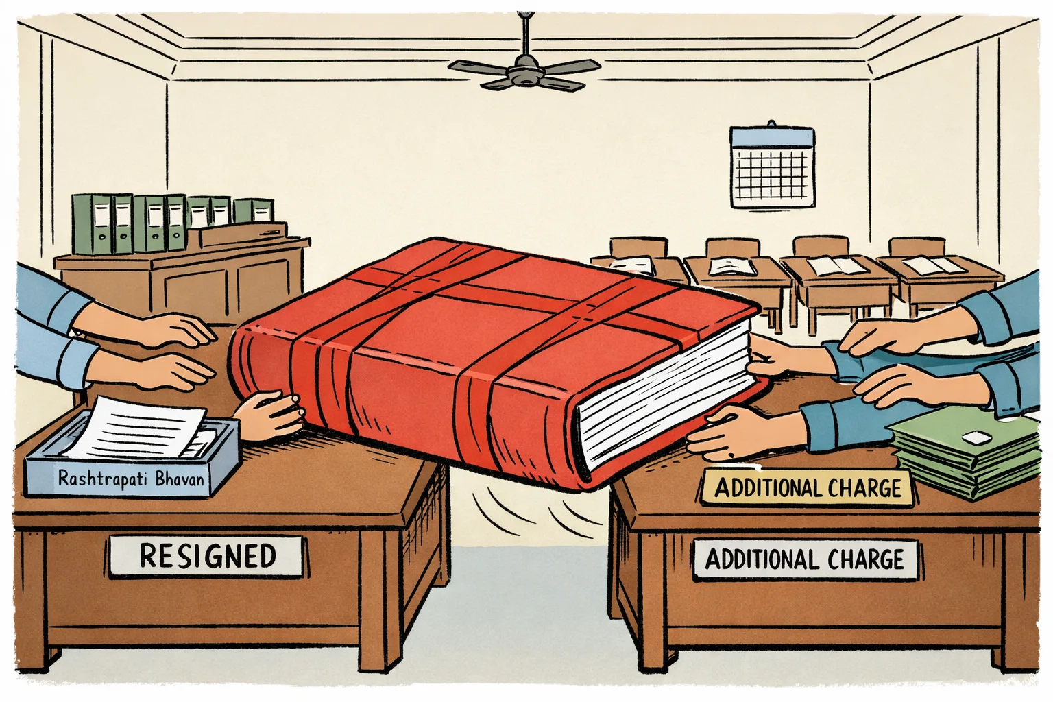 A large government file marked with an education-book symbol is passed from one ministerial desk to another inside a formal government office, while a row of students’ desks sits quietly in the background.