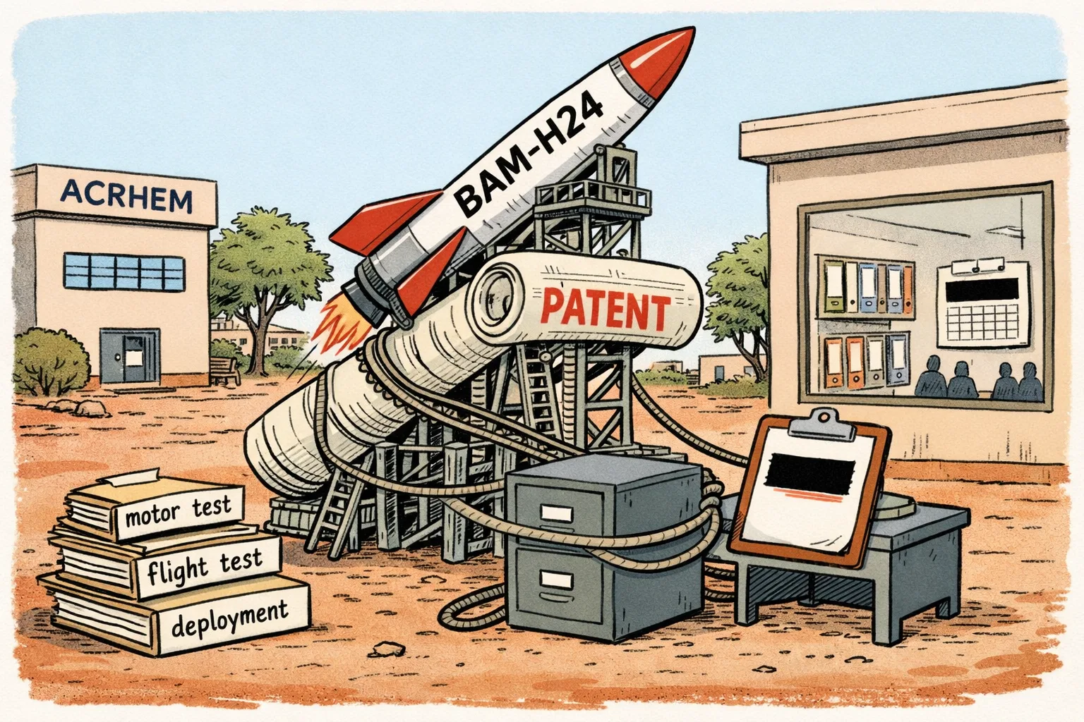 A cartoon rocket labelled BAM-H24 sits tethered to a giant patent document on a Hyderabad research campus, beside blank folders for motor, flight and deployment tests and a redacted launch-date clipboard.