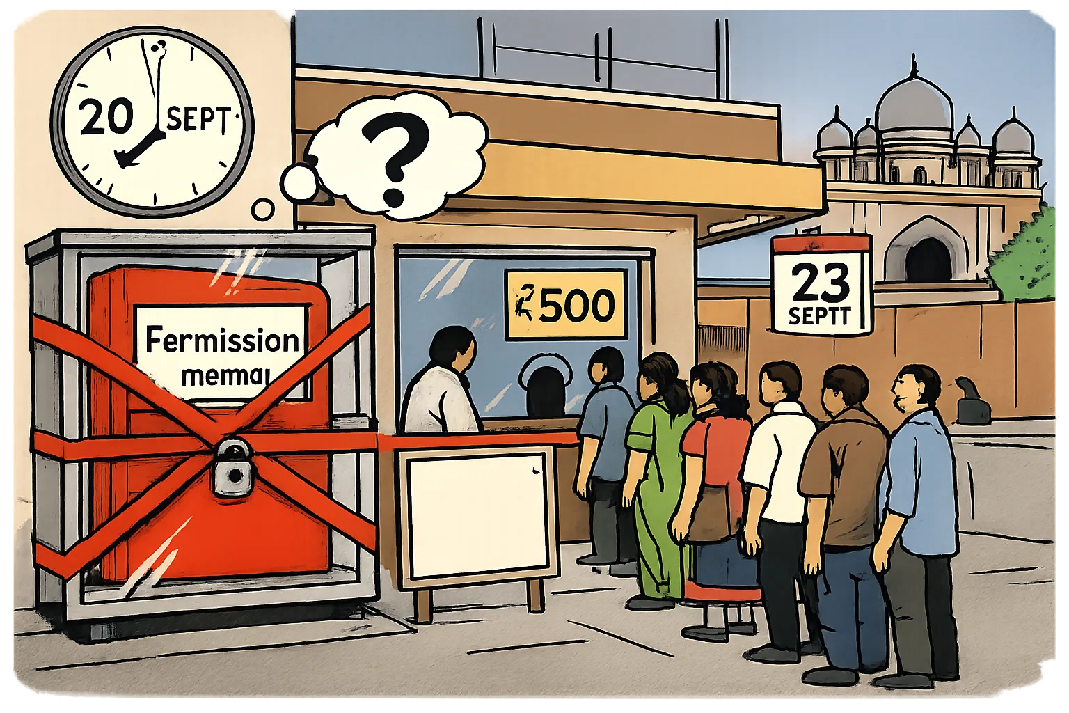 Outside a Hyderabad multiplex, a ₹500 ticket sign and waiting customers stand beside a locked glass cabinet containing a government permission file, with a courthouse shape and question mark in the background.