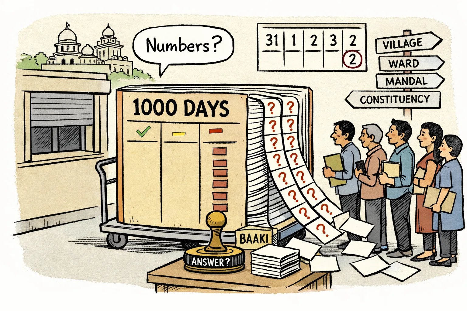 A giant ledger marked “1000 DAYS” sits at a Telangana government office counter with a nearly empty cleared column, an overflowing pending file and Baaki cards spilling toward a queue of citizens.