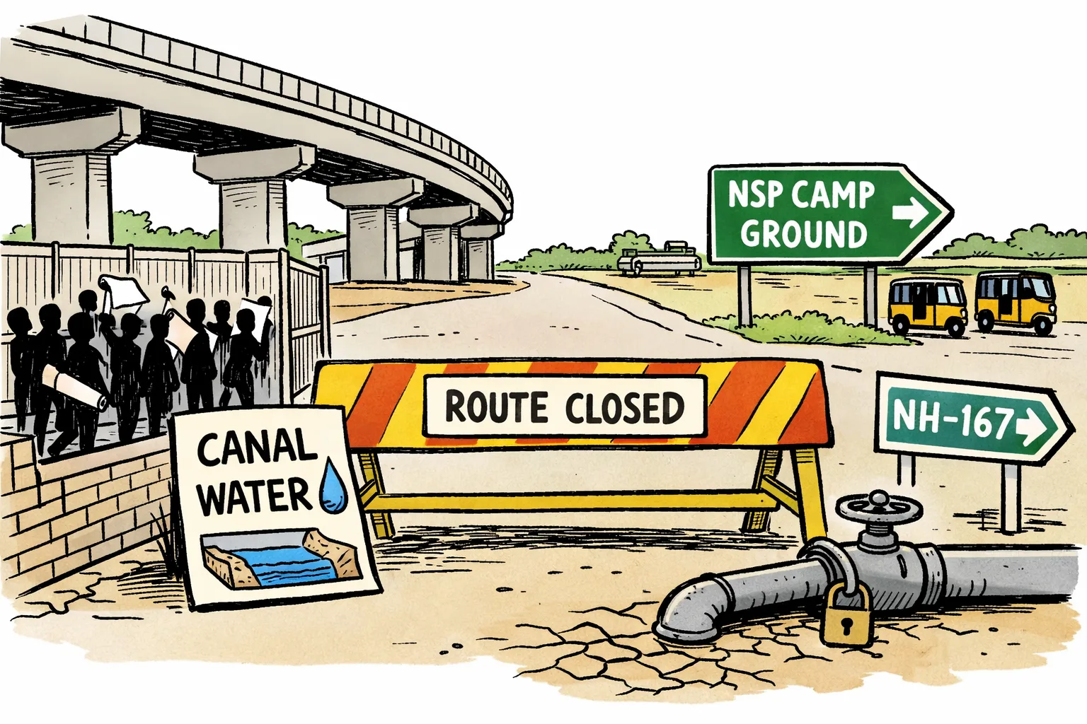 A barricade closes a Miryalaguda road while a small sign directs a crowd into the NSP Camp Ground; a dry canal pipe and a placard reading “CANAL WATER” sit beside the route.