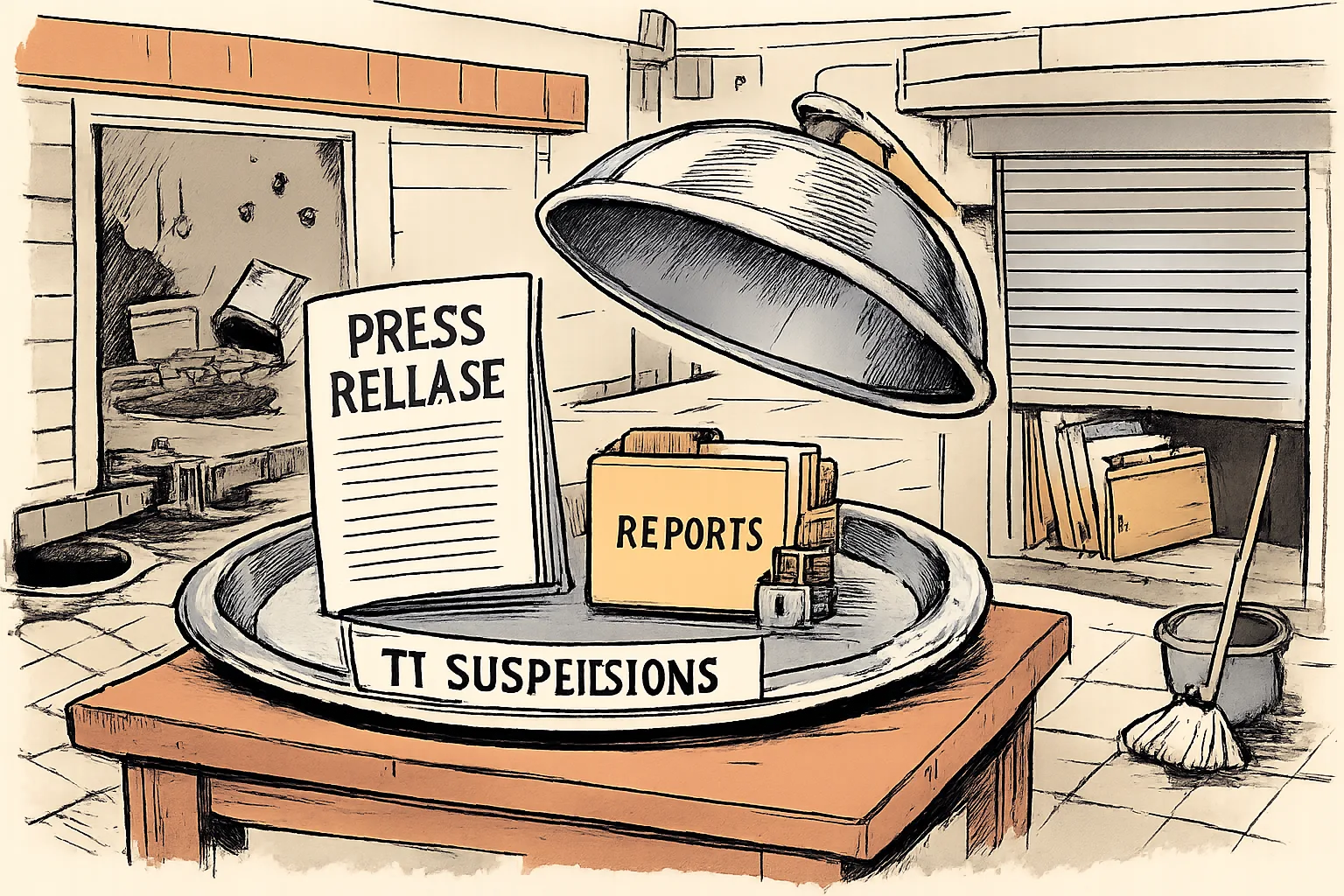A large platter marked “11 SUSPENSIONS” sits before a Hyderabad restaurant, while inspection files labelled “REPORTS” remain locked behind a counter and a small mop leans beside a blocked drain.