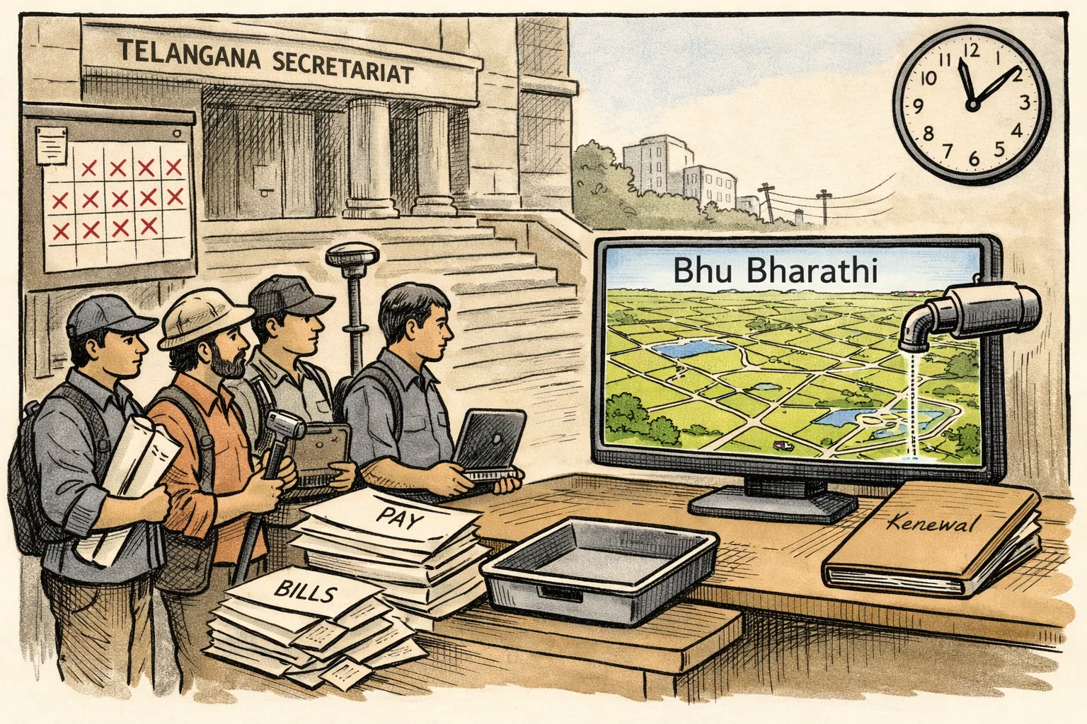 A giant Telangana land-record map and computer portal sit on a polished government desk while a row of field technicians wait beside unpaid wage slips; a large calendar shows 15 months crossed out.