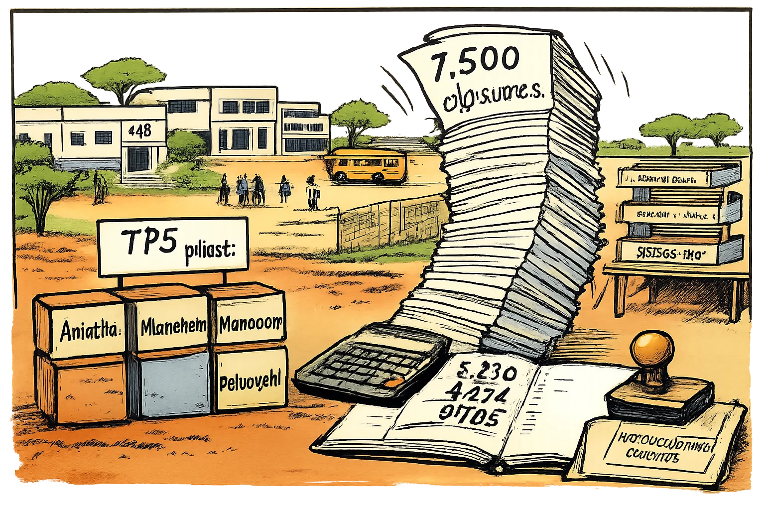 A Telangana public-school campus and four labelled pilot school blocks stand beside a huge leaning paper tower marked 7,500 closures; a calculator and ledger show 9,705, with unused paperwork files nearby.