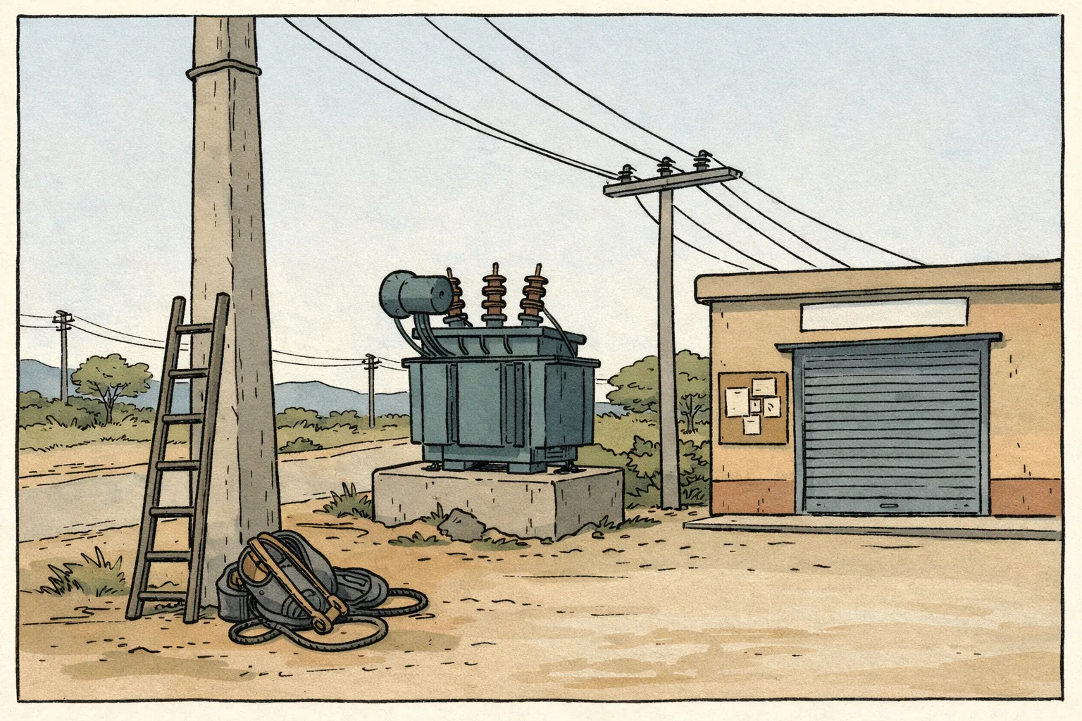 An empty concrete electricity pole and transformer stand beside a loose ladder and unused safety harness outside a closed electricity section office in a dry Telangana roadside setting.