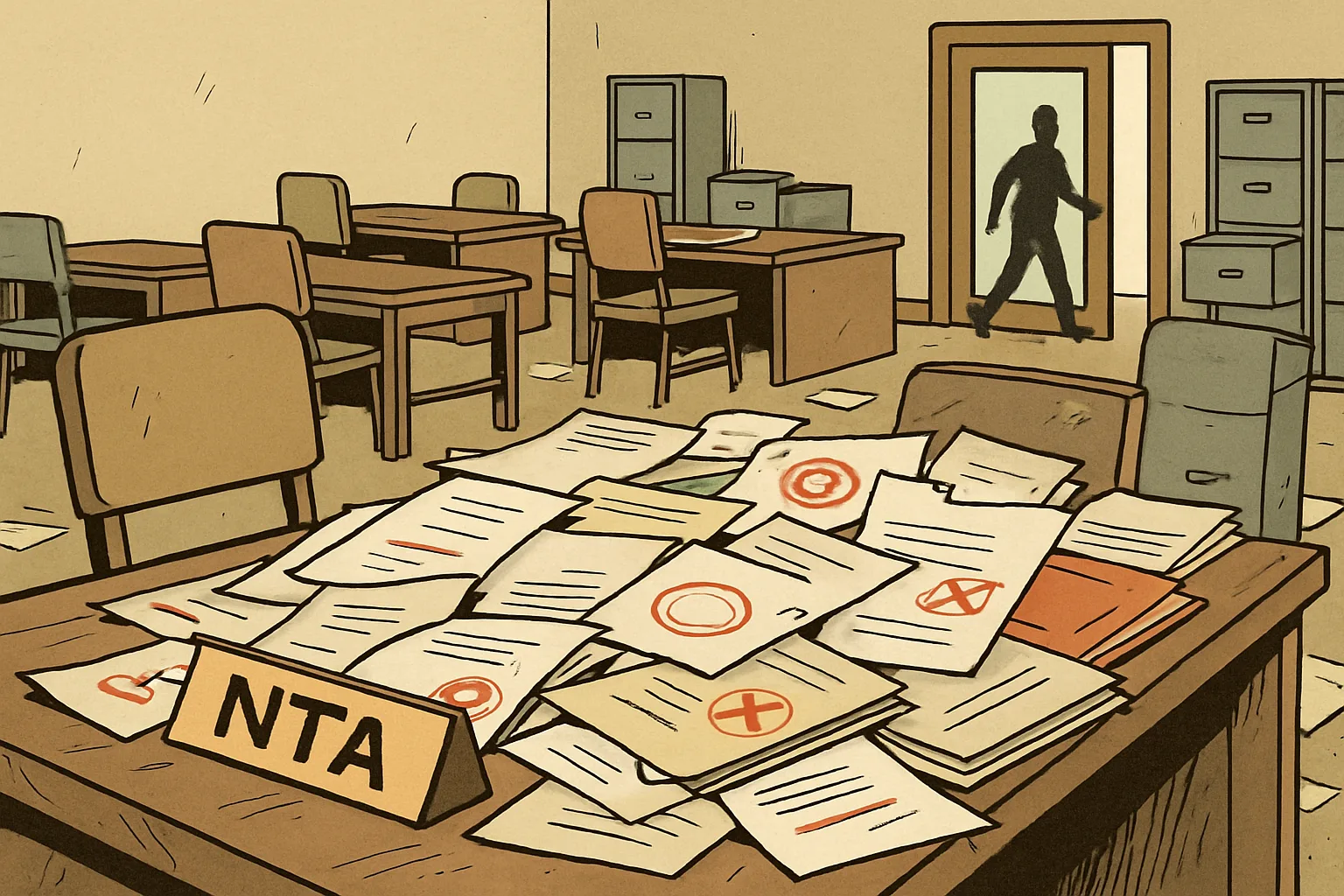 An empty NTA office desk cluttered with scattered papers, files, red stamps, and rejection marks. Chairs are pushed back. A tilted nameplate reads 'NTA'. In the background, a frosted glass office door shows the silhouette of a figure leaving.