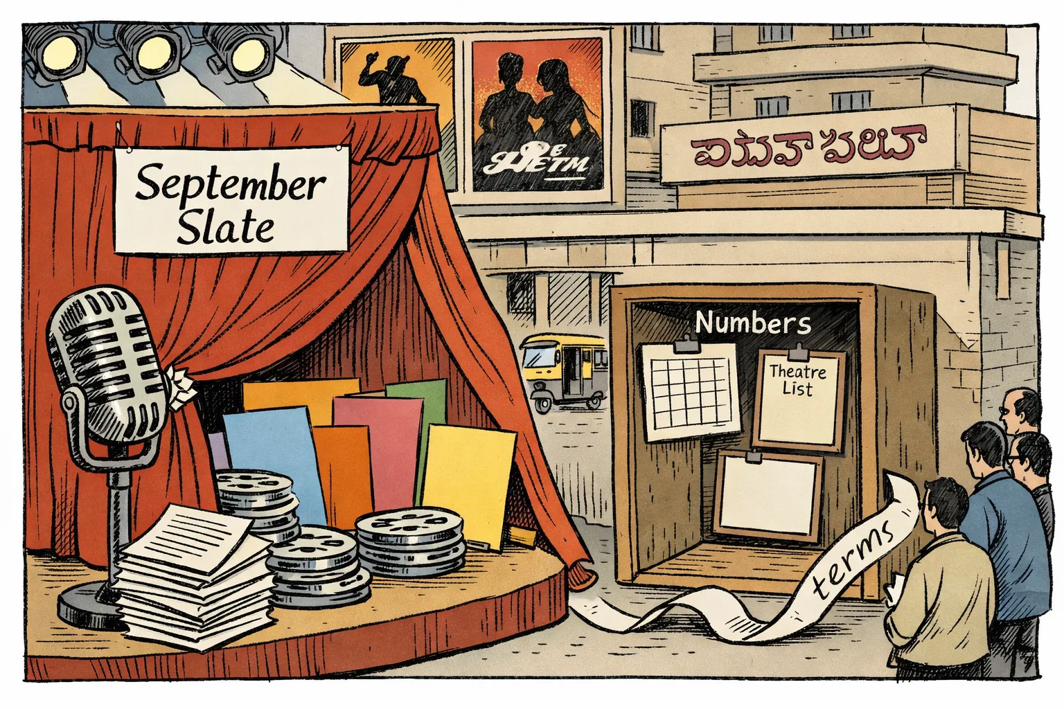 A Hyderabad cinema stage displays a large September slate announcement while a backstage cupboard marked Numbers contains an empty spreadsheet and blank charts.