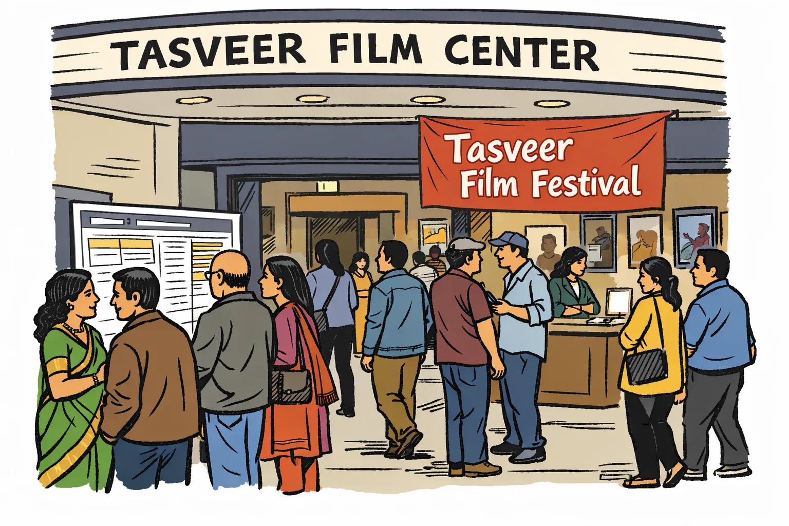 Adults gather outside and inside a Seattle cinema venue at a Tasveer film festival, with a festival banner, programme board and film posters visible.