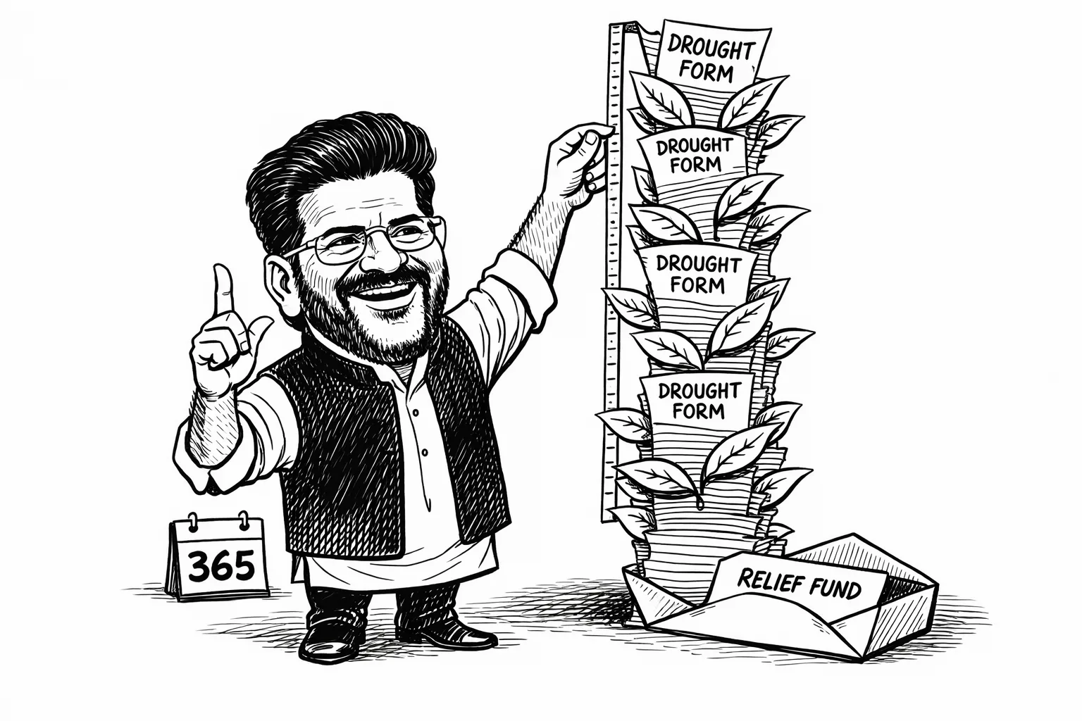 The Telangana chief minister measures a towering plant made of official drought forms while a tiny empty relief-money envelope sits untouched at its base.