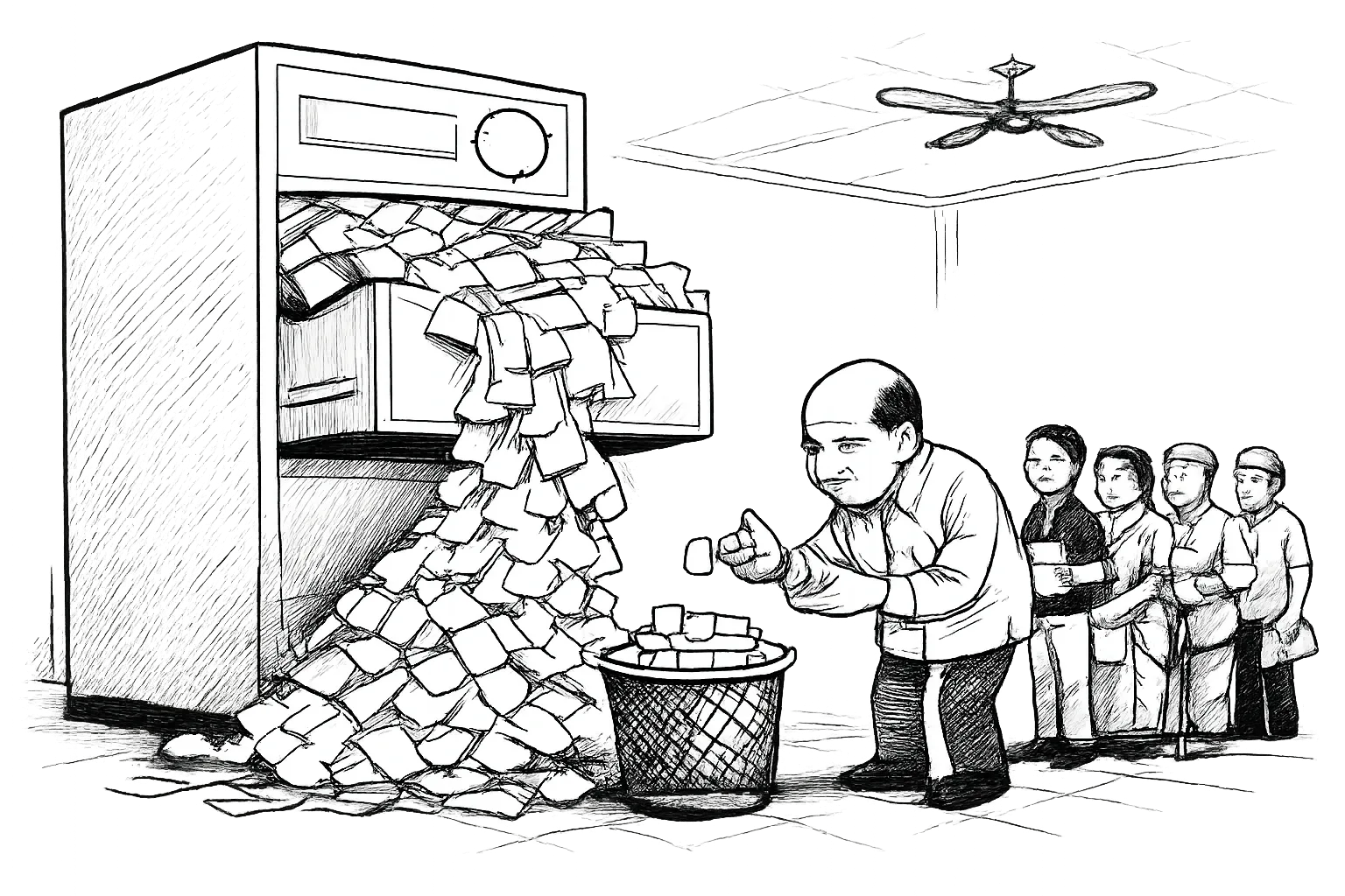 A giant government filing cabinet spills a river of voter cards into a small wastebasket while an election official offers one tiny application form and voters wait nearby with documents.