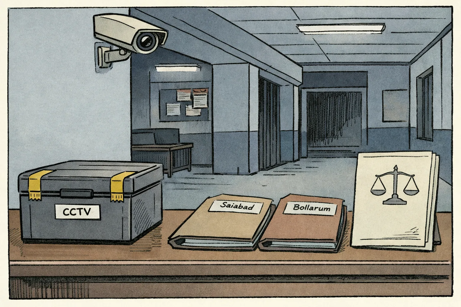 A quiet police-station corridor with a CCTV camera above the entrance, while separate case files and a sealed evidence box sit on a desk beside a court-order document.