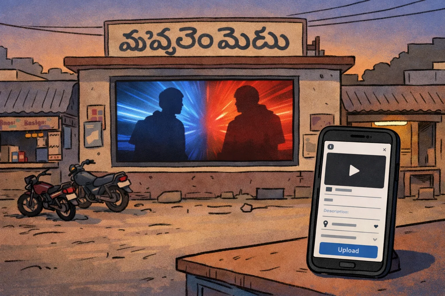 A modest Telangana village cinema frontage at dusk beside a smartphone showing a generic motion-graphics upload screen.
