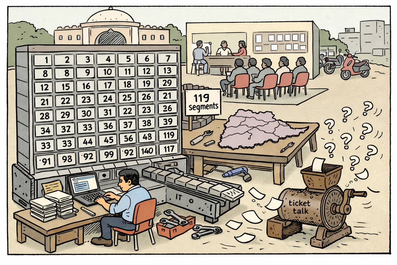 A large machine with 119 compartments and digital membership equipment dominates a Telangana office workshop, while a tiny rumour mill produces question-mark scraps beside it.