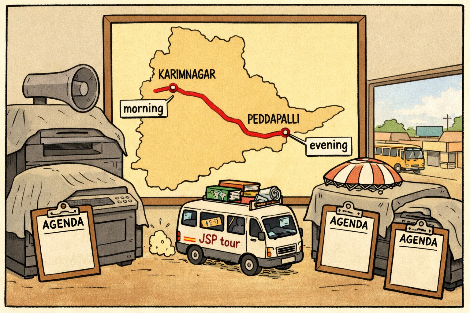 A Telangana constituency map lies on a campaign-planning desk, with a small party vehicle travelling along a marked route from Karimnagar to Peddapalli while two much larger empty vehicles sit beside untouched piles of paperwork.