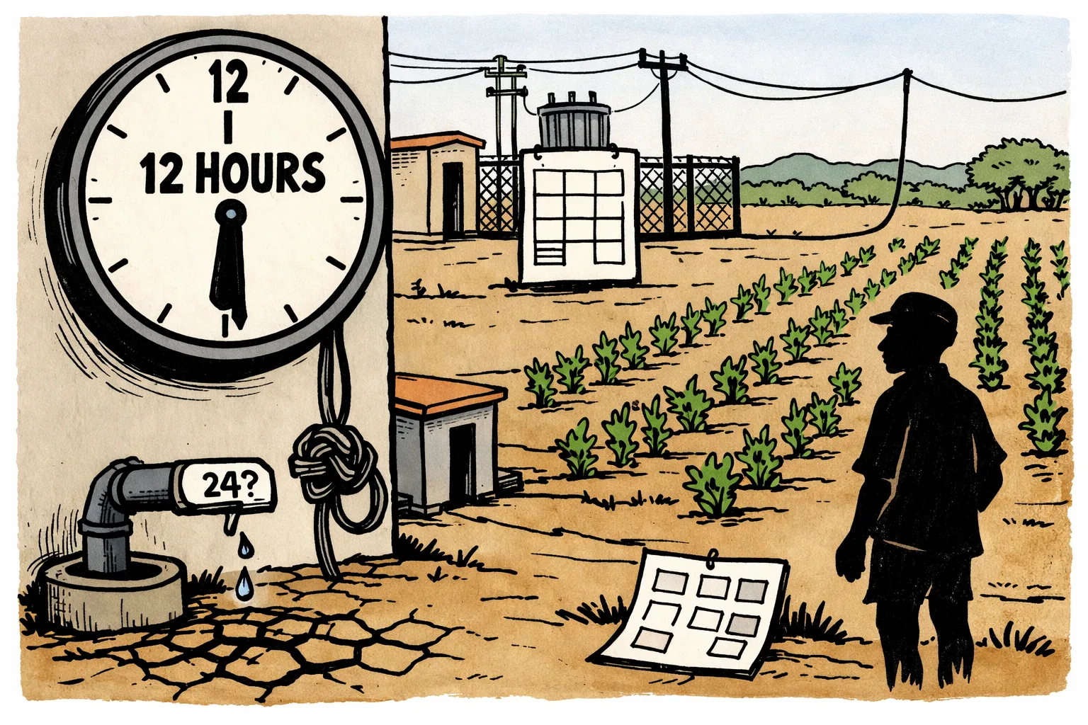 A Telangana farmer stands beside a dry crop field where a borewell pump is connected to a tangled wire from a substation, while a large clock marked 12 hours contrasts with a small pipe marked 24.