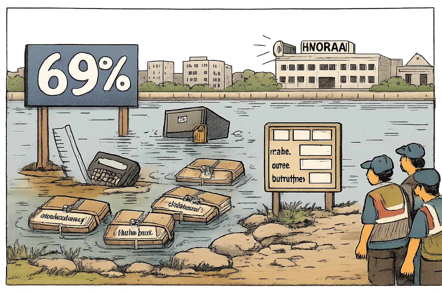A large 69% sign stands beside a Hyderabad lake while government files, a calculator and measuring tools labelled with missing methodology details lie partly submerged in the water.