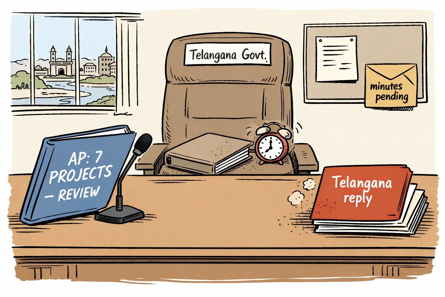 A Hyderabad government meeting table has a microphone pointed at a folder requesting review of seven projects, while an empty Telangana government chair holds a closed file and a blank reply stack sits unanswered.