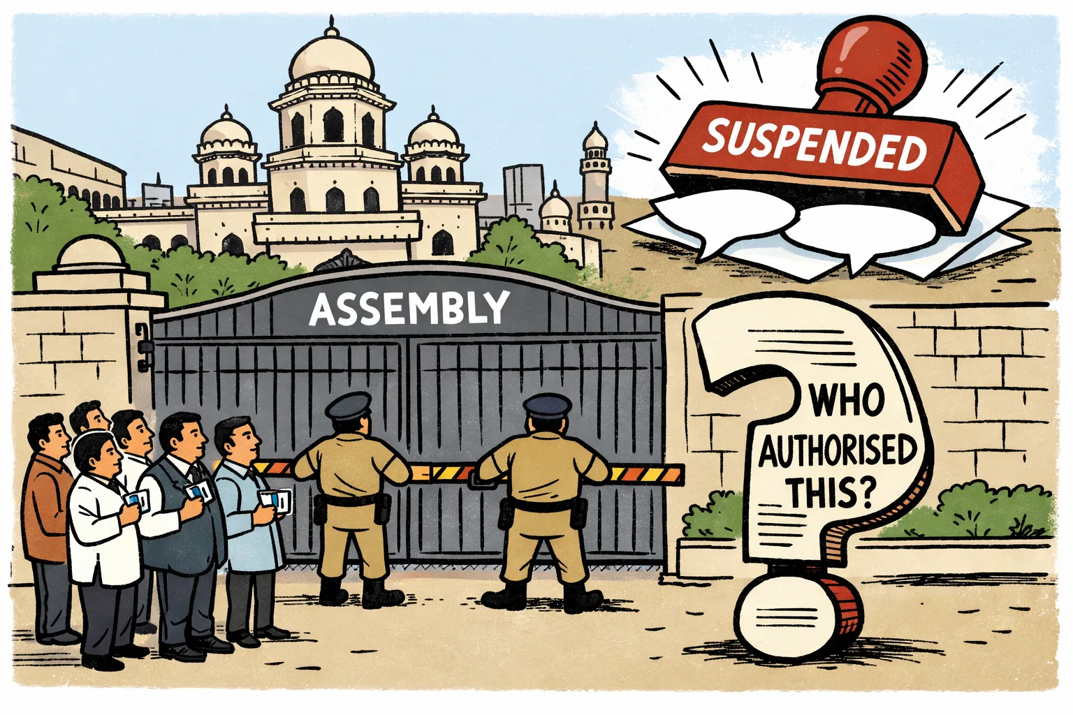 A closed Telangana Assembly gate is held by generic police figures while legislators stand outside, and a large suspension stamp descends on papers beside an oversized question mark.