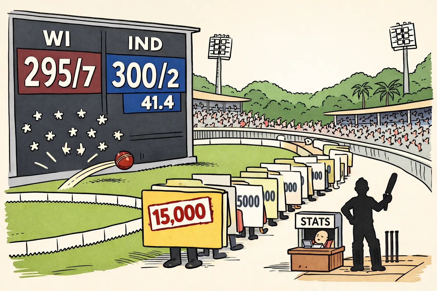 A cartoon cricket scoreboard shows India ahead of West Indies while a long queue of statistical files waits at a counter marked Stats, with a 15,000 file at the front.