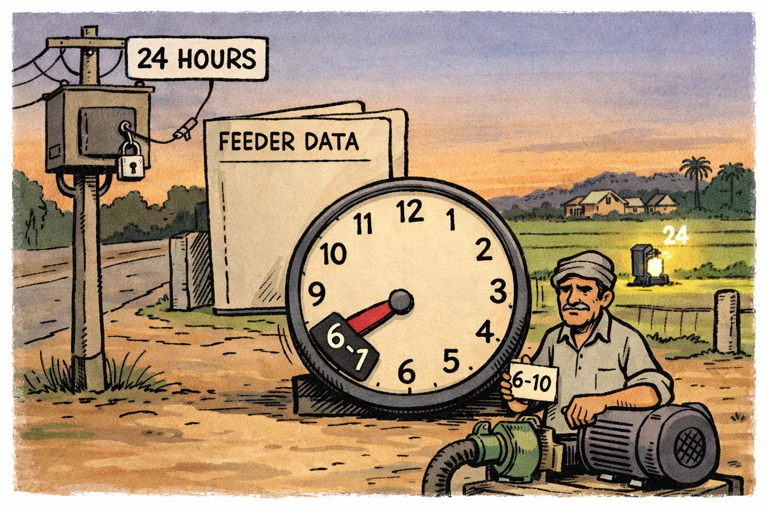 A farmer stands beside a field pump and an electricity meter stopped around six to 10 hours, beneath a 24-hour promise sign; an empty feeder-data file lies nearby, while a distant field is marked 24.