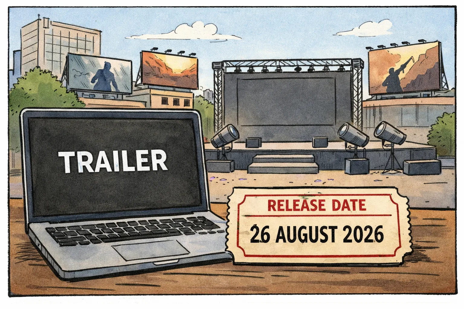 A photorealistic film-promotion website on a large screen shows an official “TRAILER” page, while an empty Bengaluru launch stage beside it has unused confetti cannons, a silent countdown clock and no event details; a cinema release poster in the foreground shows August 26, 2026.