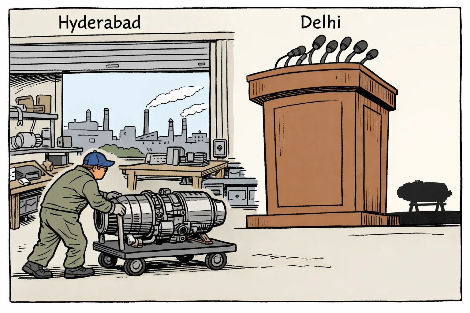 A Hyderabad factory worker pushes a completed compact turbojet engine along a workshop floor toward a quiet DRDO laboratory, while a much larger Delhi podium and microphone loom in the background under a victory banner.